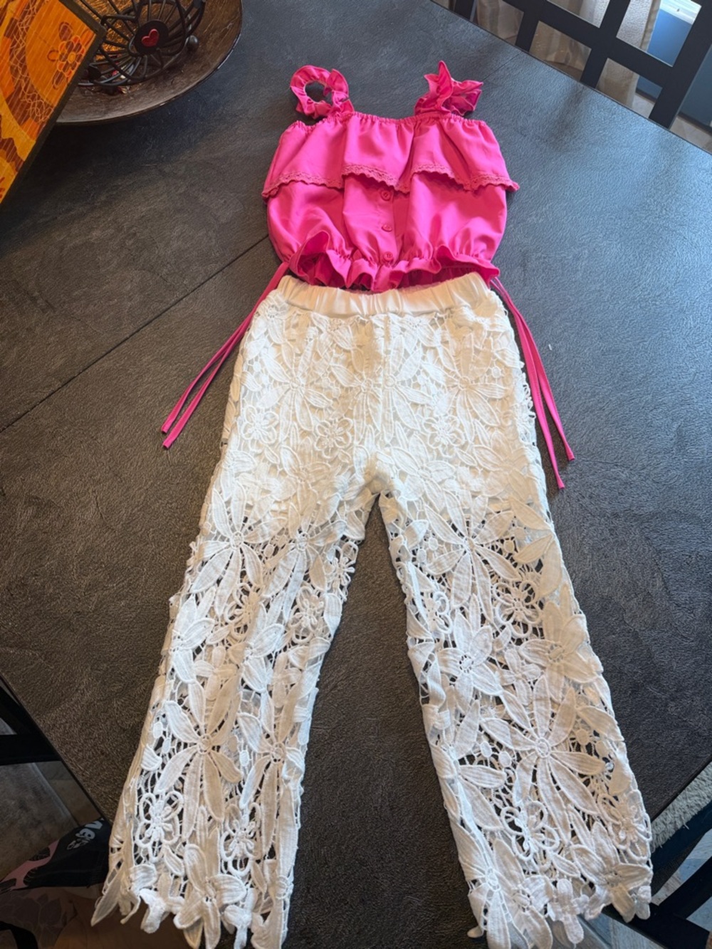 Hot Pink Ruffle Crop Top with White Crochet Lace Pants size 7